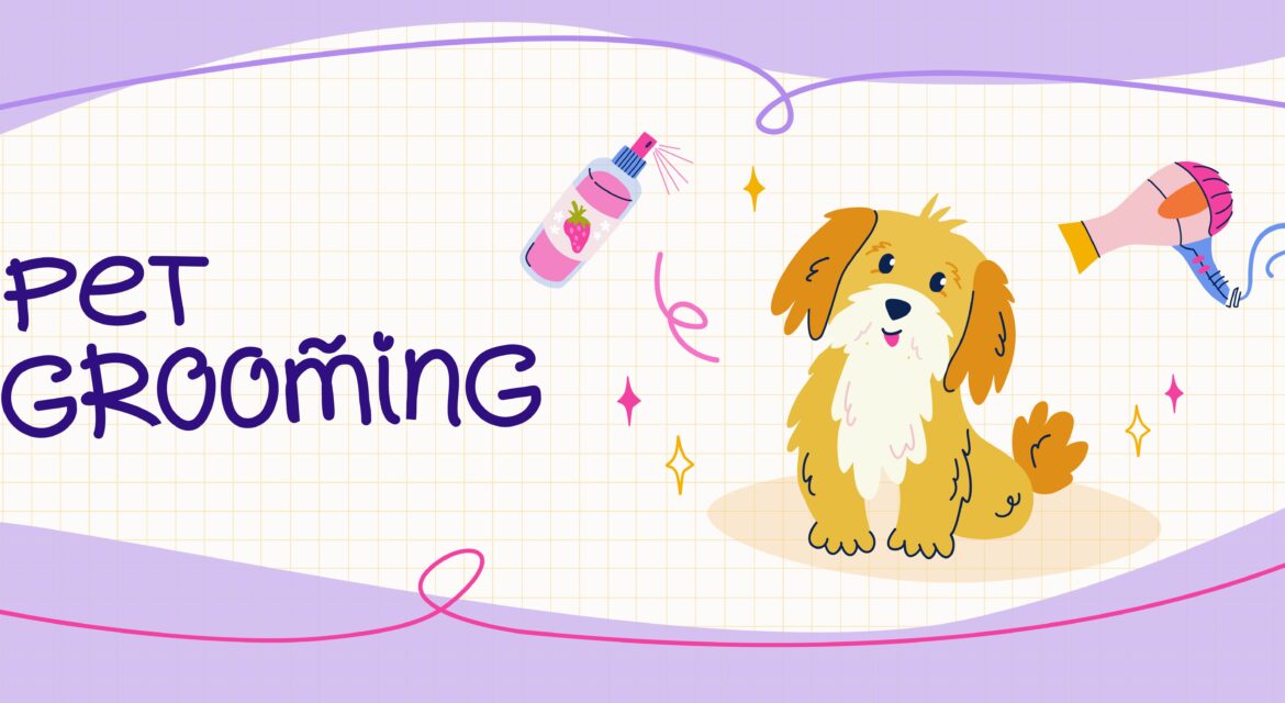 Pet grooming website banner design Cute dog in flat style Equipment and cosmetics for dog grooming