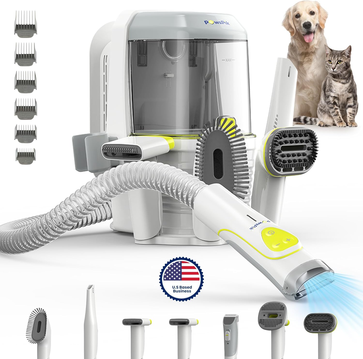 Professional Dog Grooming Vacuum Kit, Dogs & Cats, Direct Handheld Control, 7 Grooming Tools, Deshedding and Dematting for Grooming