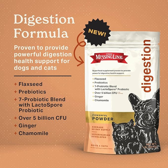 The Missing Link Digestion Superfood Supplement Powder for Dogs & Cats - Fiber, 7-Probiotic Blend + Chicory Root Prebiotic, Ginger, Chamomile - Supports Daily Digestive & Bowel Health - 1lb